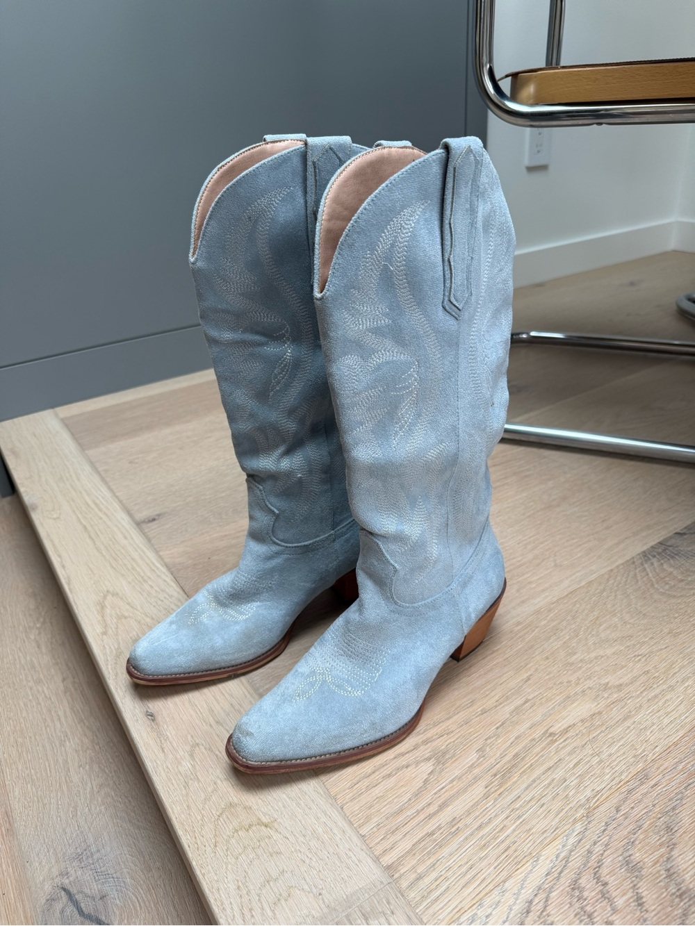 Women's Light Blue Suede Western Heeled Boots